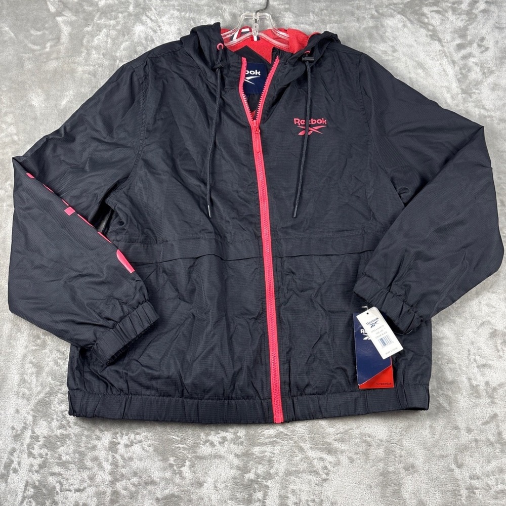 Reebok Womens Windbreaker Jacket Black Pink Hooded Zip Up Ripstop OLRB770 L NEW